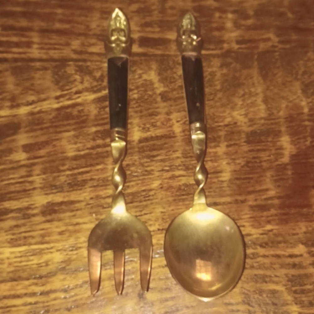 Vintage 1950's Siam Bronze & Ebony Buddha Server Spoon and Fork